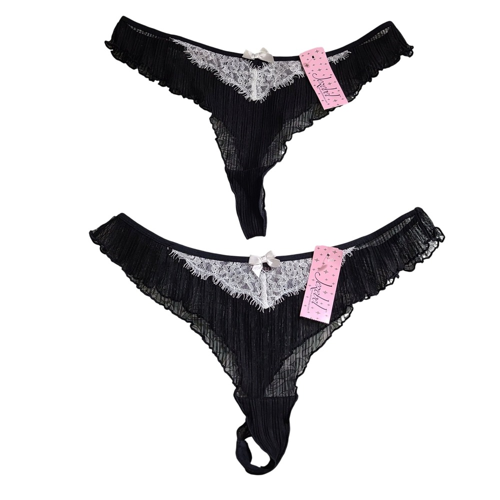 Jezebel 2pk Black Sheer Pleated Mesh Thong Panties L White‎ Lace Bow NWT